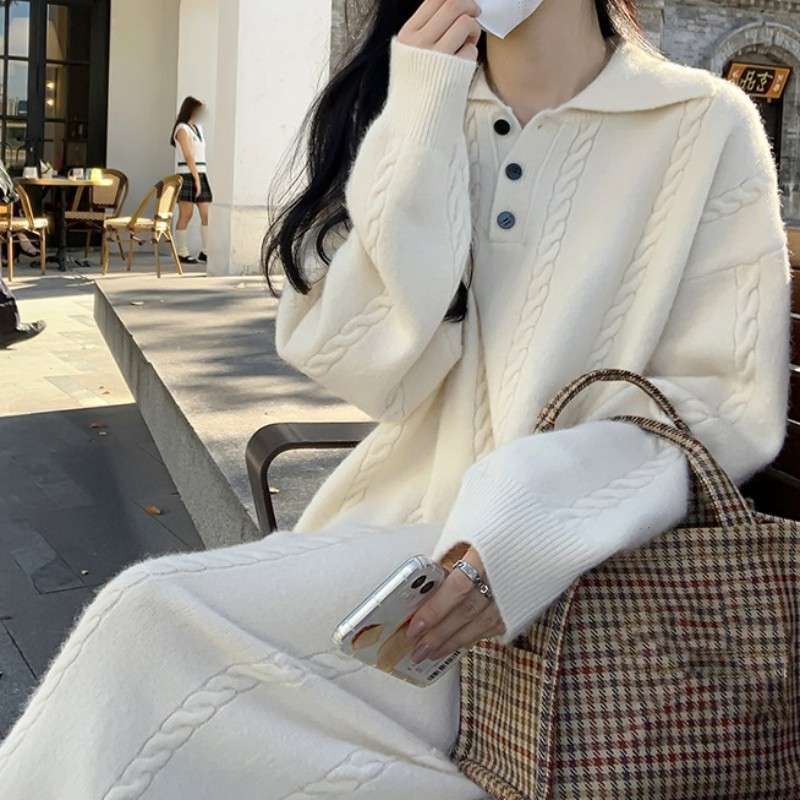 ロングワンピース ケーブル編みリボンポロワンピース