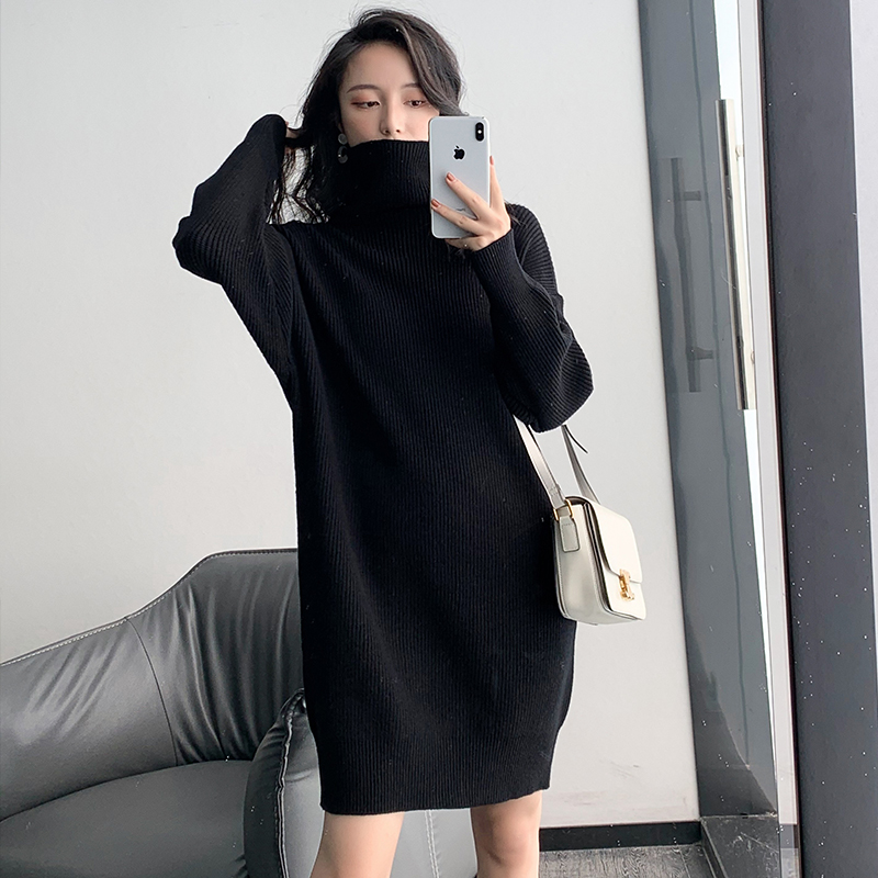 ロングワンピース タートルネック ゆったり袖のリブ編みタートルネックニットワンピース