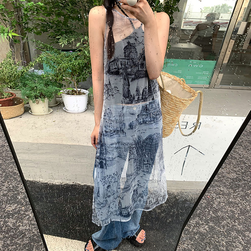 ロングワンピース レース 建築風景柄シアー素材キャミソールロングワンピース