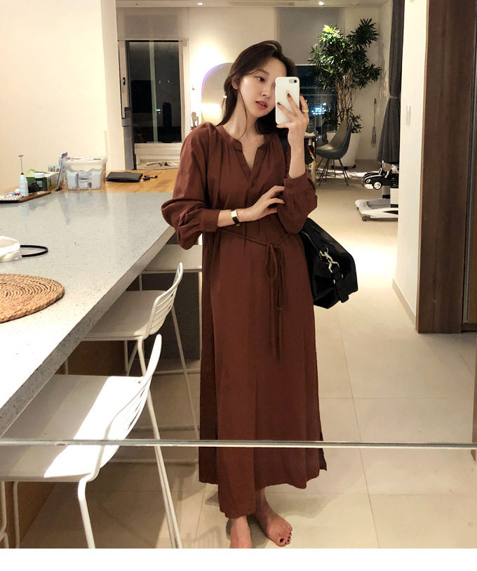 ロングワンピース とろみ素材シャツワンピース ウエスト絞り細見え体型カバー長袖