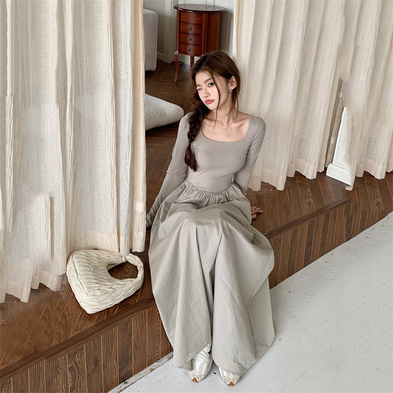 ロングワンピース 韓国風シャツワンピース長袖切り替えロングドレス