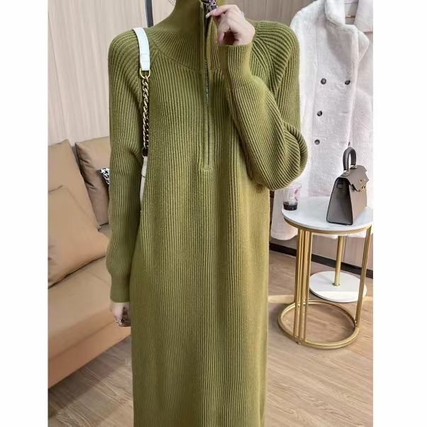 ロングワンピース ジップネックニットワンピース
