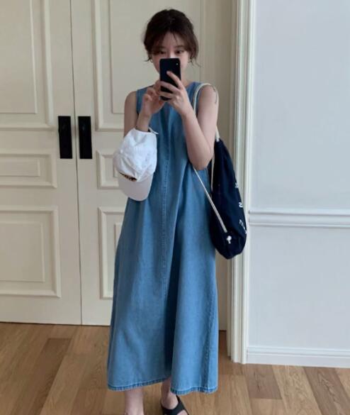 ロングワンピース 女性用デニムノースリーブワンピース韓国風チュニック