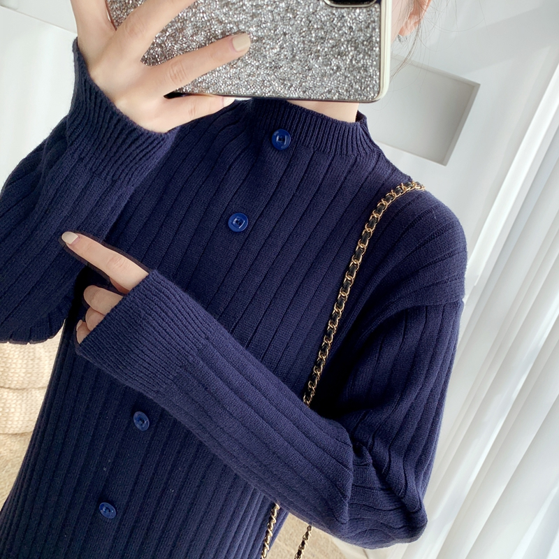 ロングワンピース ニット 縦リブ入りボタン付きロングワンピース