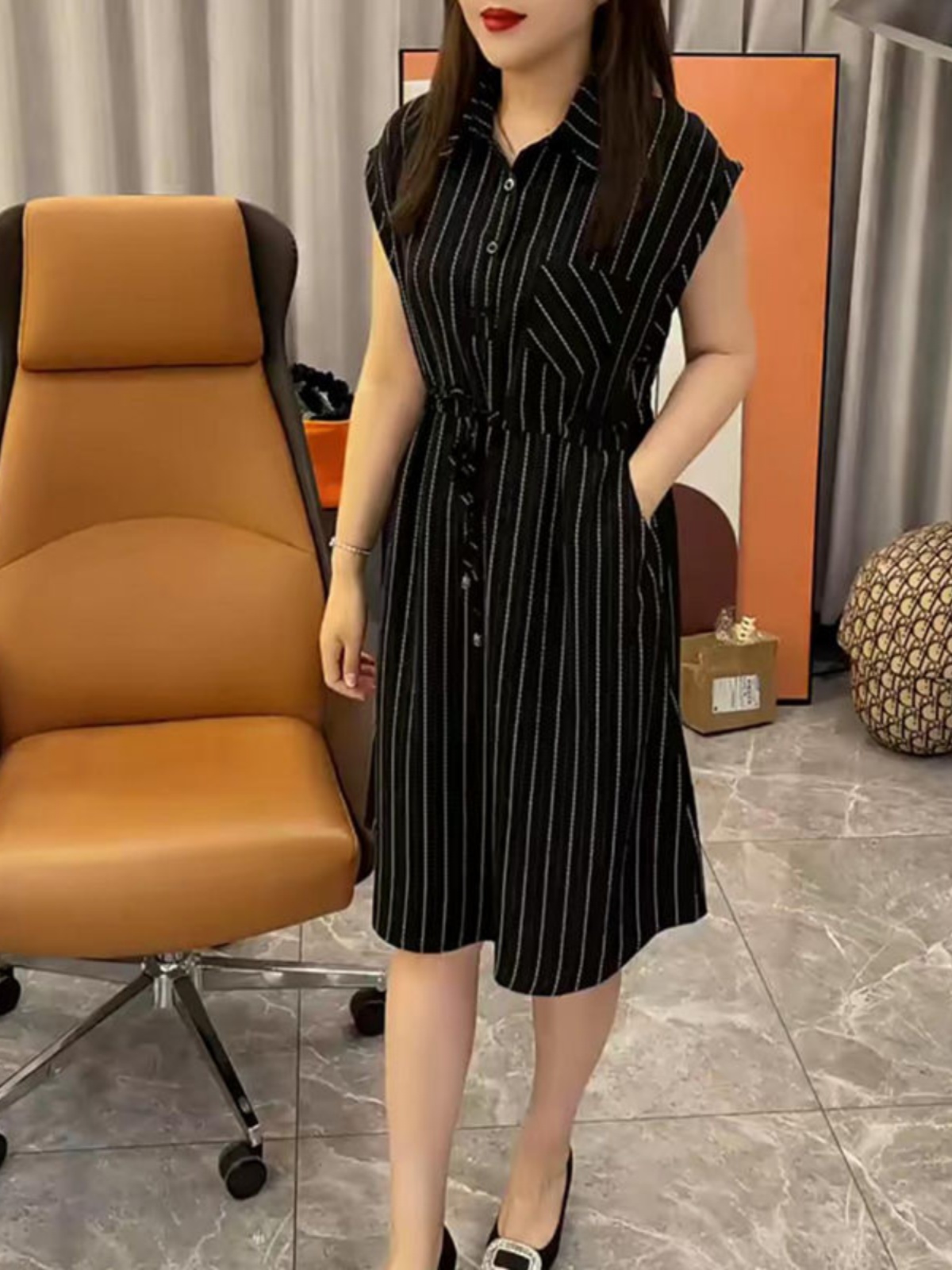 ロングワンピース シャツ 縦縞柄袖なしシャツワンピース