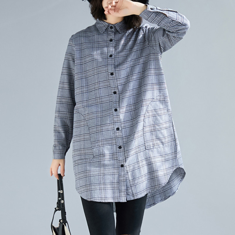 ロングワンピース シャツ チェック柄ゆったり襟付きロング丈シャツワンピース