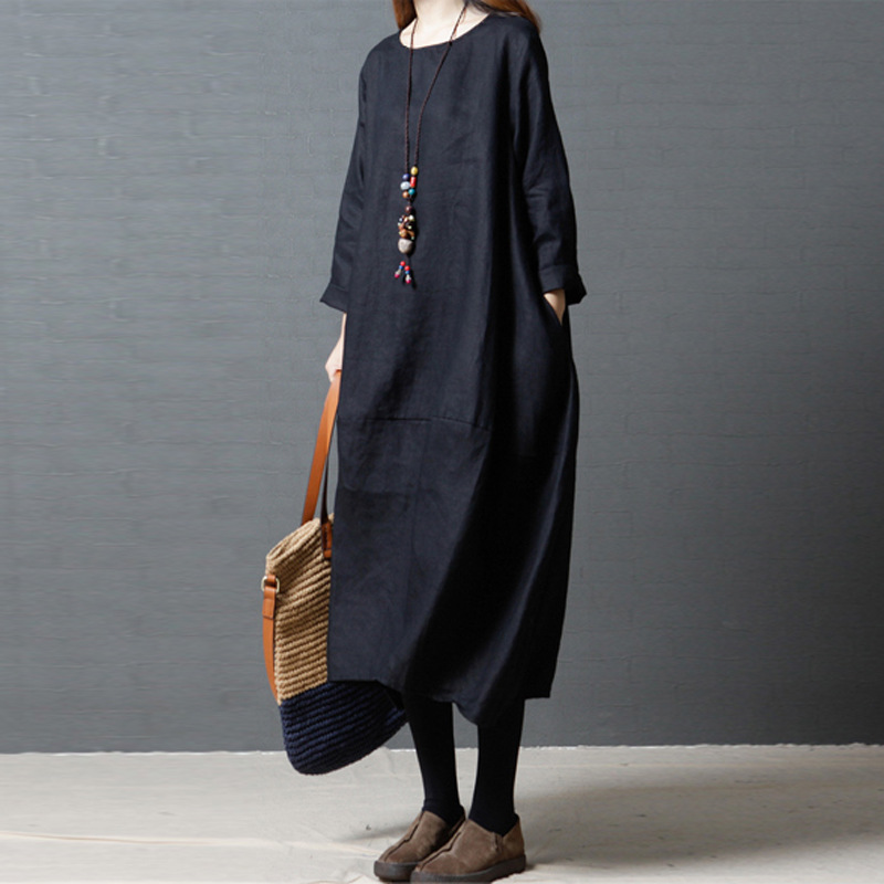 ロングワンピース 2025年新作 フレアワンピース ロング丈 レディース ラウンドネック 体型カバー