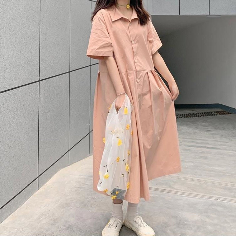 ロングワンピース シャツ 襟付き半袖ティアードロングワンピース