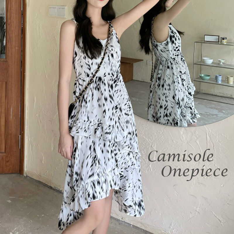 ロングワンピース 新作レディース白黒ダルメシアン柄キャミロング丈ワンピース