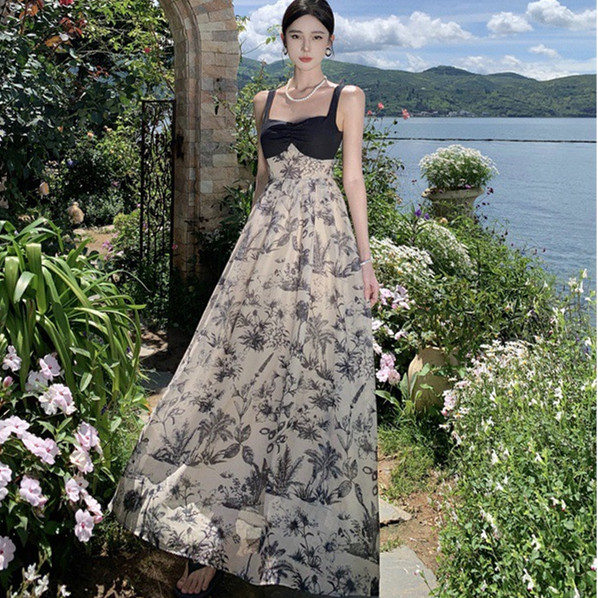 ロングワンピース 花柄ロング丈フォーマルドレス 切り替えデザイン袖なし