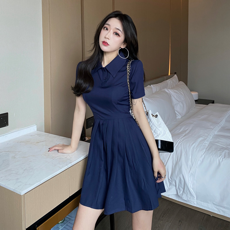 ロングワンピース ポロシャツ 襟付きプリーツスカート半袖ワンピース