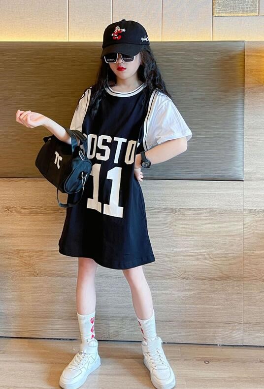 キッズ女の子運動風半袖ロングワンピース120-170