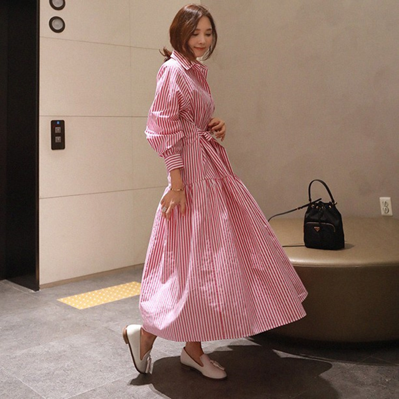ロングワンピース シャツ 縦縞柄ベルト付きシャツワンピース