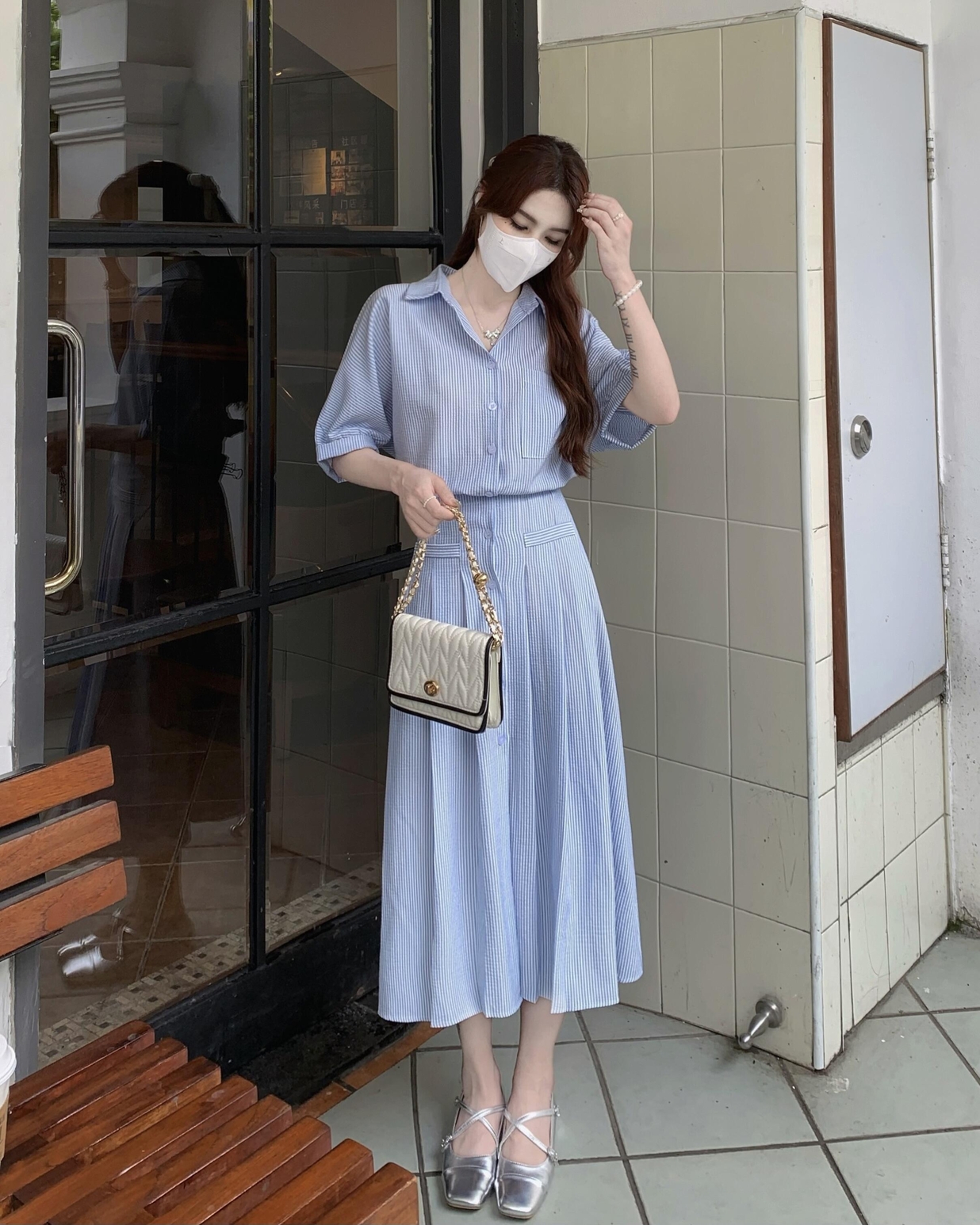 ロングワンピース シャツ 襟付き半袖プリーツスカート一体型ロングワンピース