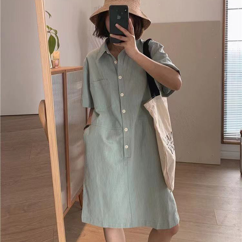 ロングワンピース シャツ ゆったり半袖シャツ襟ロングワンピース