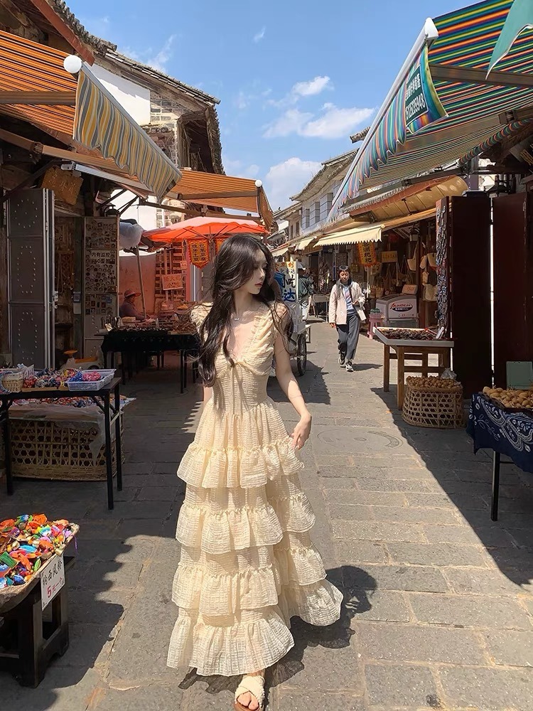 フリル段重ねロングワンピース上品カジュアル夏新作