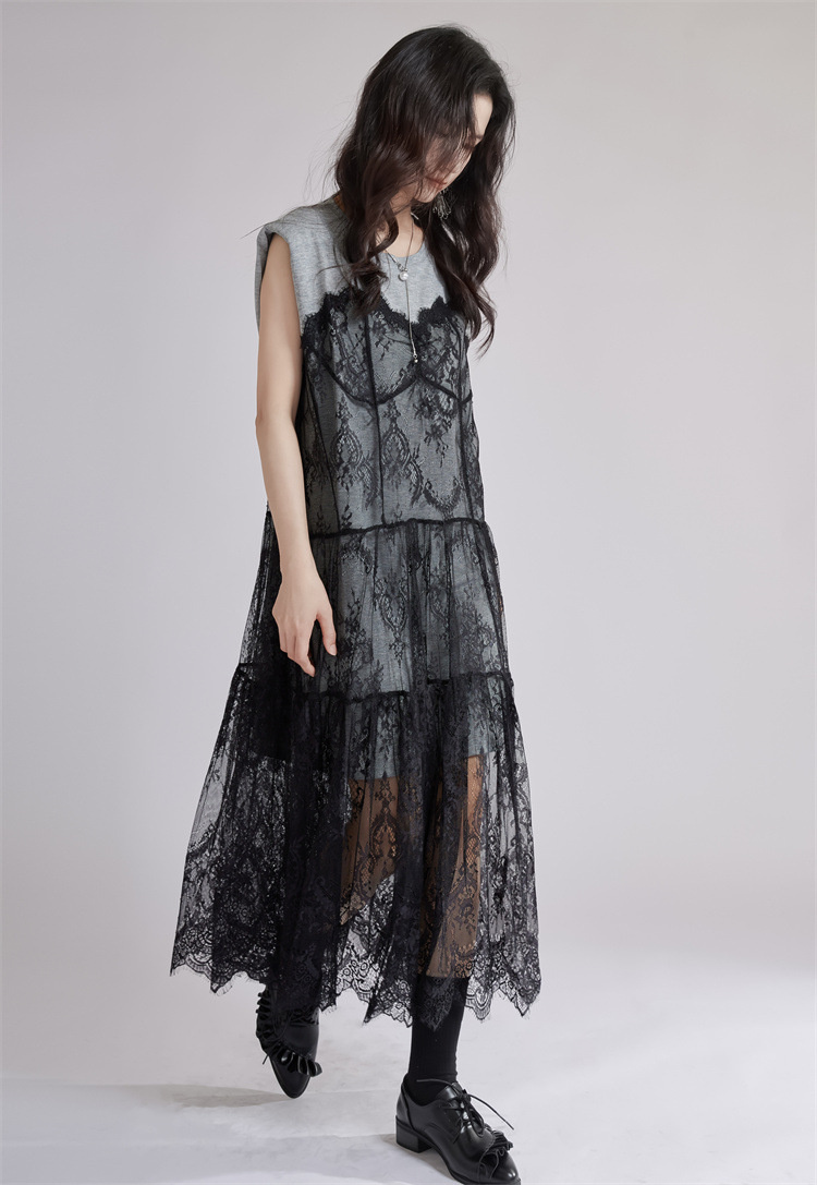 キャミ重ね着風レース長袖ロングワンピース灰色ベルト付き