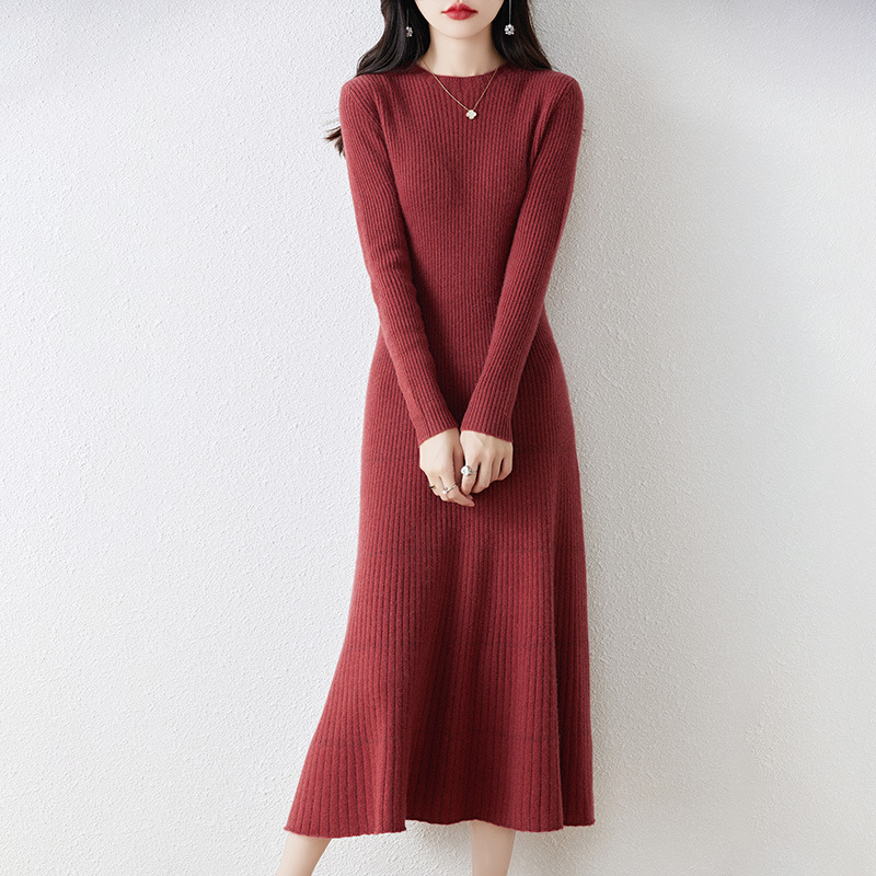 ロングワンピース 優美シルエット リブニットワンピース