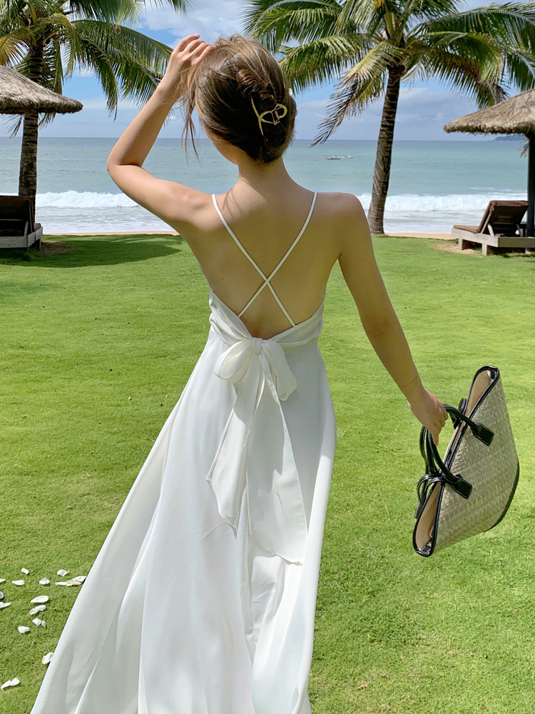 ロングワンピース キャミ 背中見せクロスストラップ リボン付きロングキャミワンピース