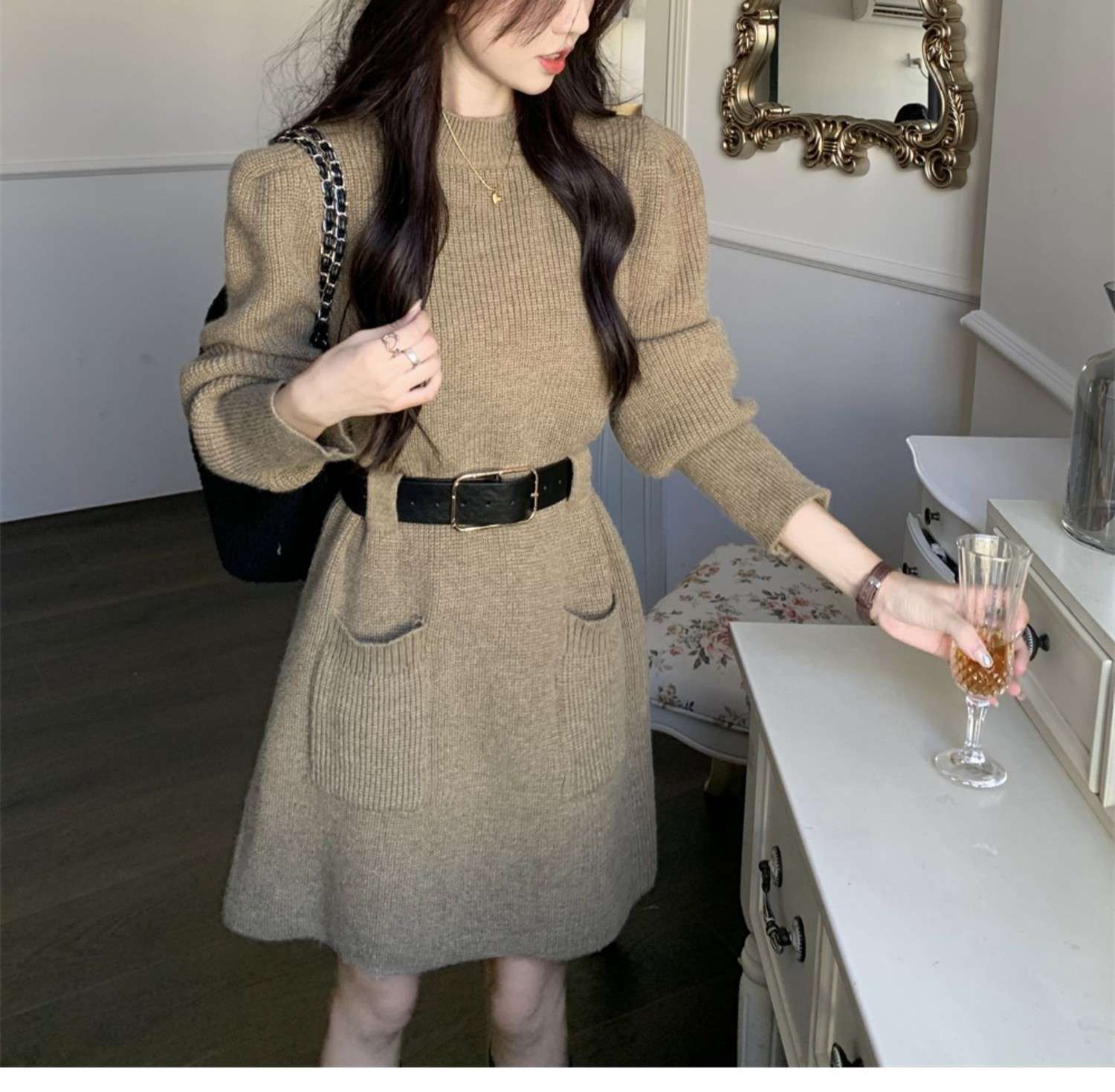 ロングワンピース ゆるふわベルト付きニットワンピース