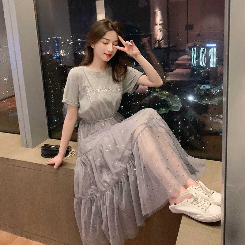 ロングワンピース レース 星空煌めく透け感チュール地ティアード半袖ドレス