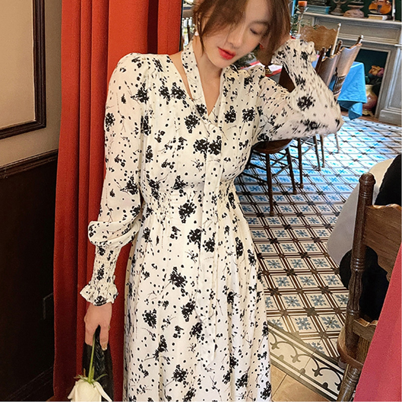 ロングワンピース シャツ 花柄プリント長袖襟付きロングワンピース