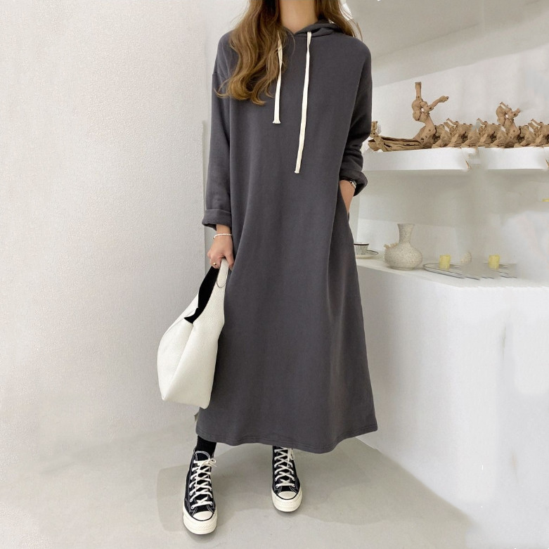 ロングワンピース スウェット ゆったりフーディロングワンピース