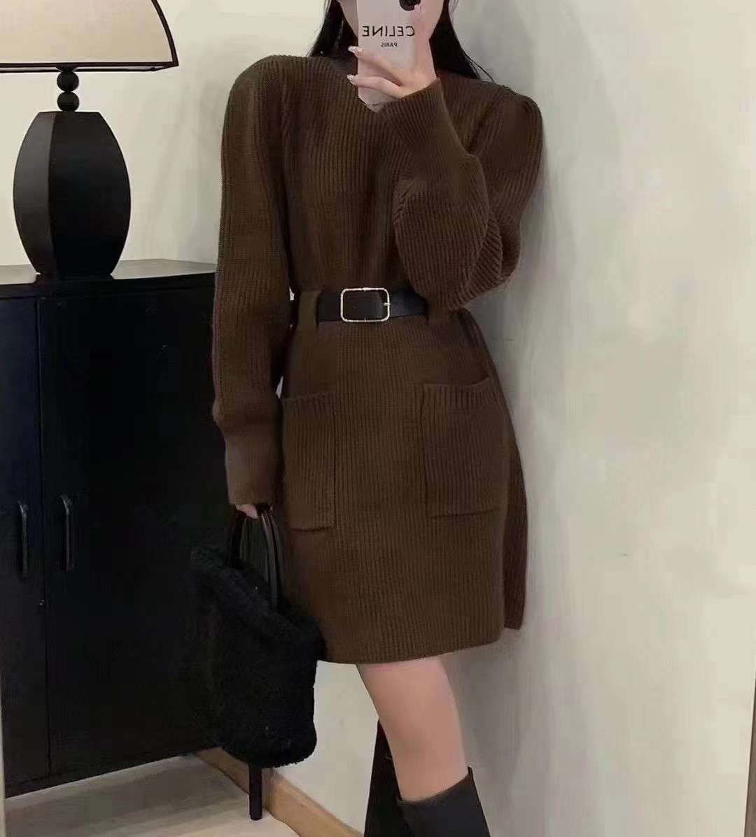 ロングワンピース ゆるふわベルト付きニットワンピース