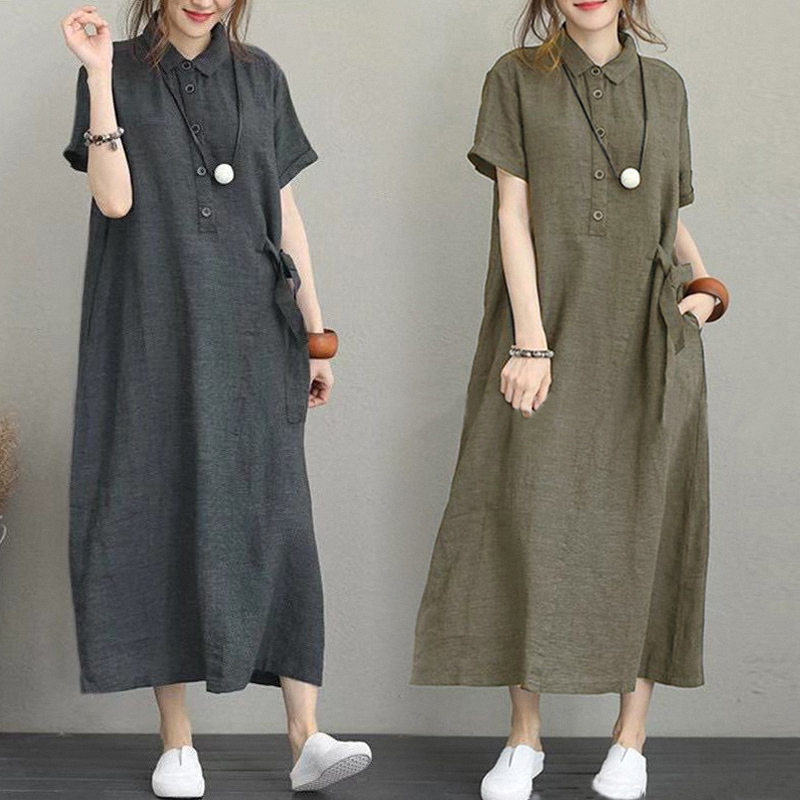 ロングワンピース シャツ 襟付き半袖ゆったりシルエットロングワンピース