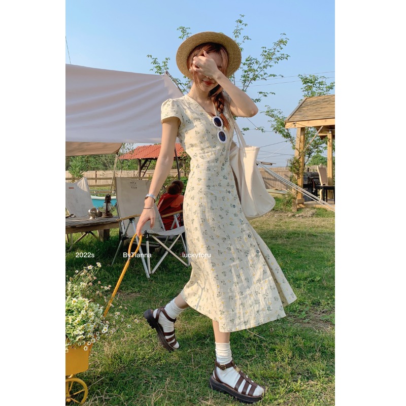 ロングワンピース シャツ 小花柄フロントボタン半袖ロングワンピース