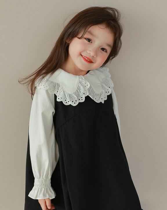 ロングワンピース キッズ レース襟付き吊りワンピース シャツセット
