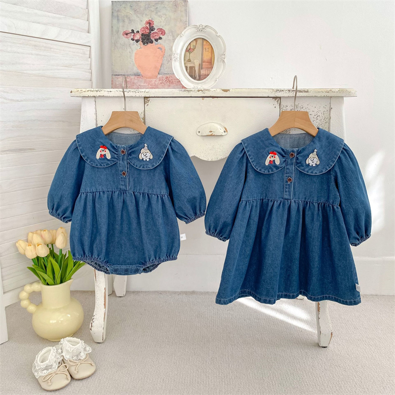 ロングワンピース ベビー姉妹お揃い刺繍襟付きデニムロンパース長袖ワンピース