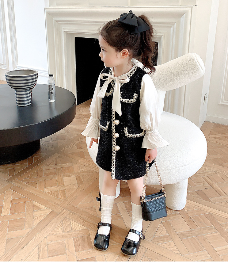 ロングワンピース キッズ女の子ツイード調ワンピース白ブラウス付き上品セット