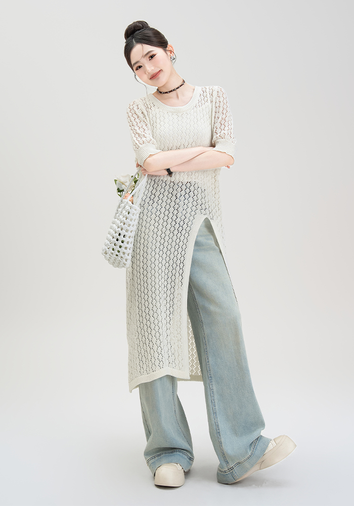 ロングワンピース ニット 透かし編みサイドスリットロングワンピース