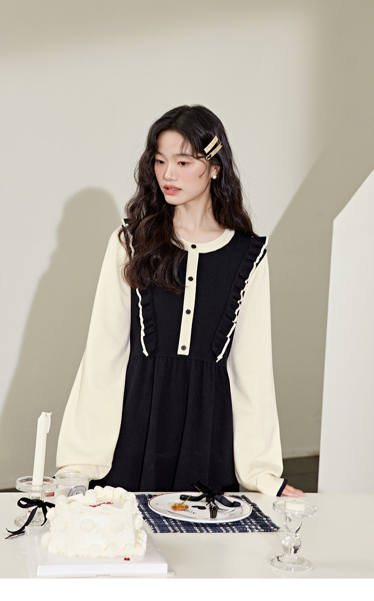 ロングワンピース フリル襟レトロニットワンピース