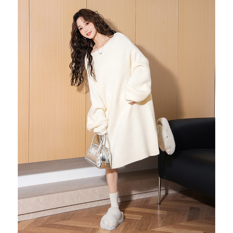 ロングワンピース ニット ゆったりシルエット リブ編みロングニットワンピース