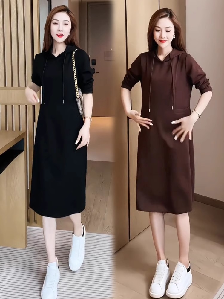 ロングワンピース スウェット フード付きミディ丈スウェットワンピース