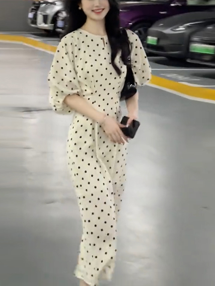 ロングワンピース 水玉模様パフスリーブロングワンピース
