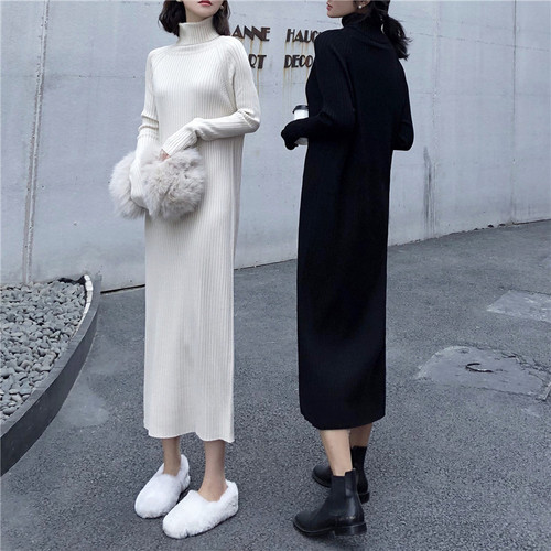 ロングワンピース タートルネック リブ編み長袖高襟ワンピース