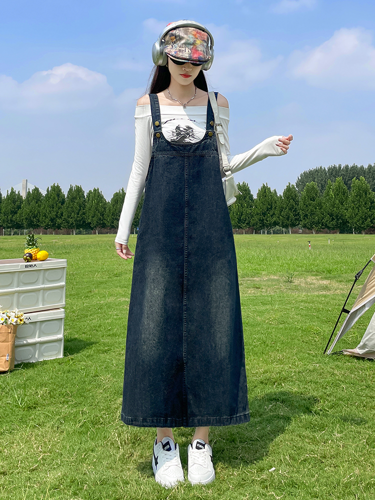 ロングワンピース デニム ナチュラルサロペットワンピース