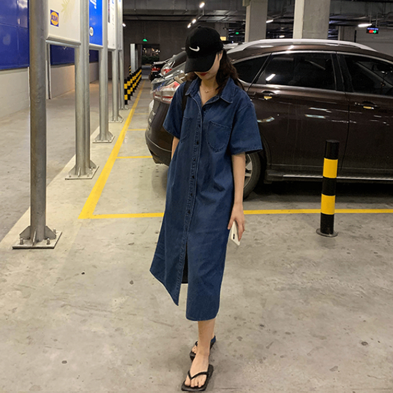 ロングワンピース デニム 半袖襟付きベルト付きミディ丈シャツワンピース