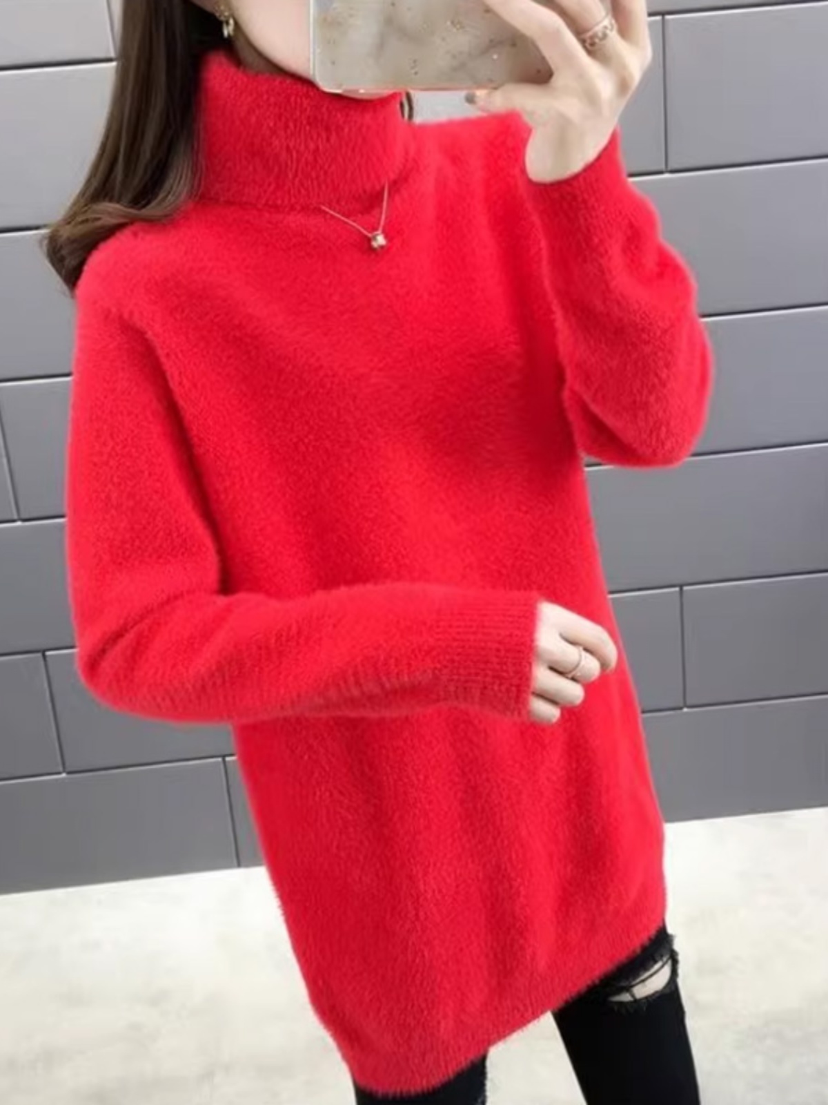 ワンピース ニット ふわもこ袖ゆったりタートルネックワンピース