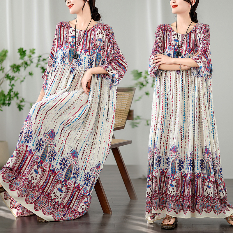 大きいサイズ対応 文芸復古フレアロングワンピース