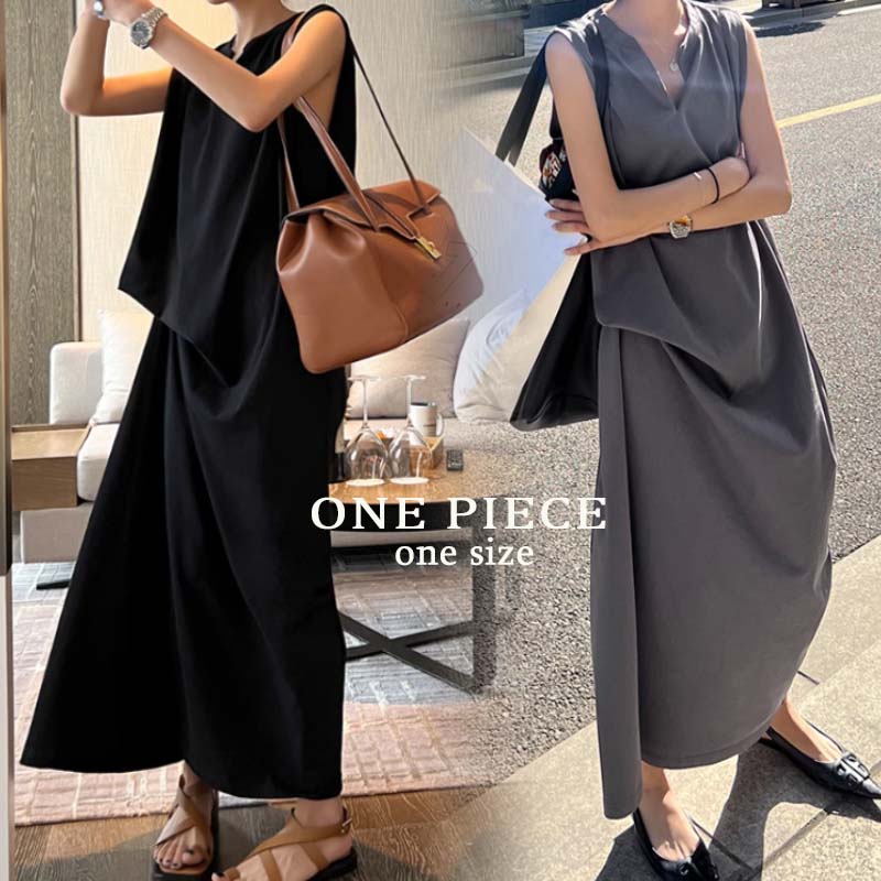 ロングワンピース 2023新作 レディース ノースリーブ ロング丈 ワンピース 黒
