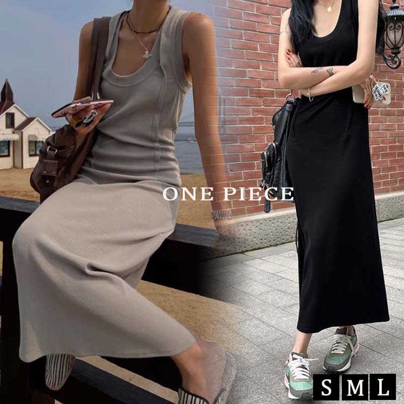 ロングワンピース 新作レディース ノースリーブ長袖ワンピース 伸縮素材