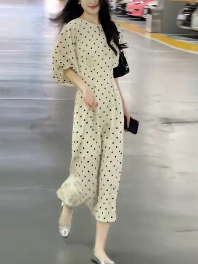 ロングワンピース 水玉模様パフスリーブロングワンピース