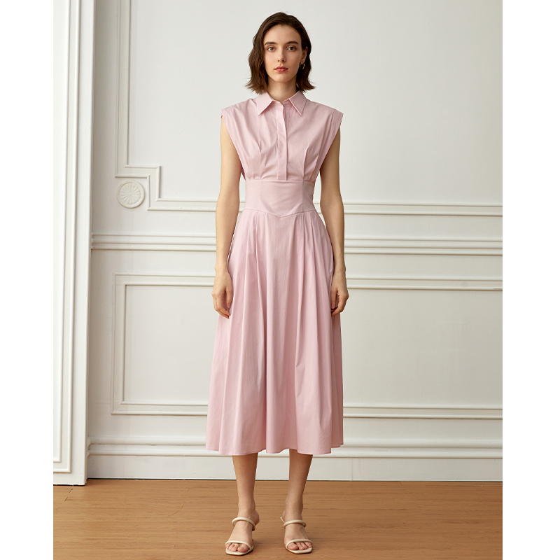 ロングワンピース シャツ 襟付きノースリーブロングワンピースシャツ