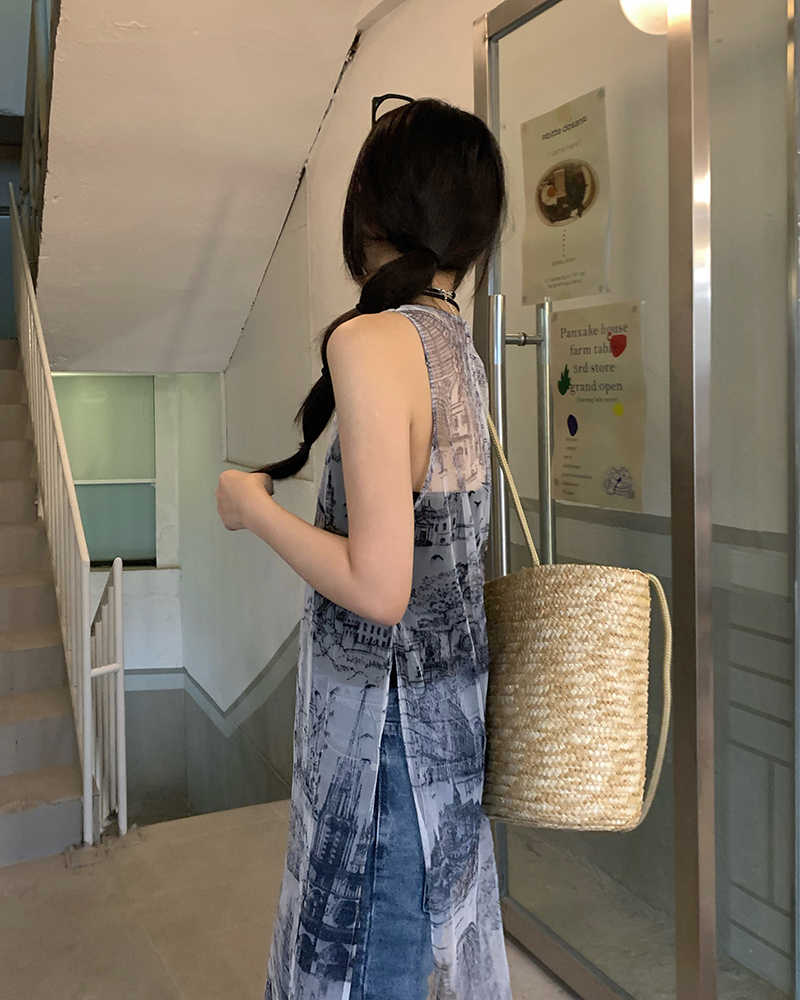 ロングワンピース レース 建築風景柄シアー素材キャミソールロングワンピース