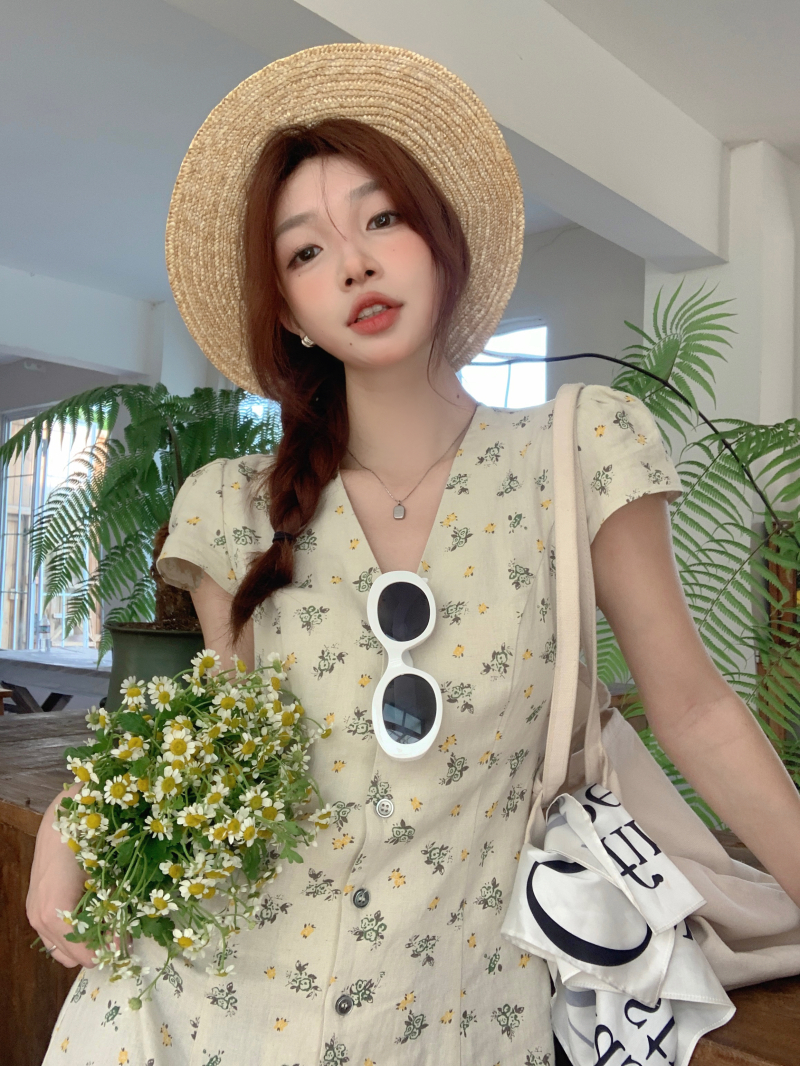 ロングワンピース シャツ 小花柄フロントボタン半袖ロングワンピース