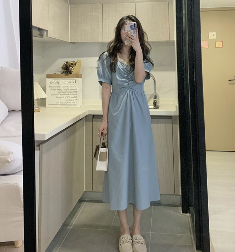 ロングワンピース シャツ レース襟付きパフスリーブシャーリングロングワンピース